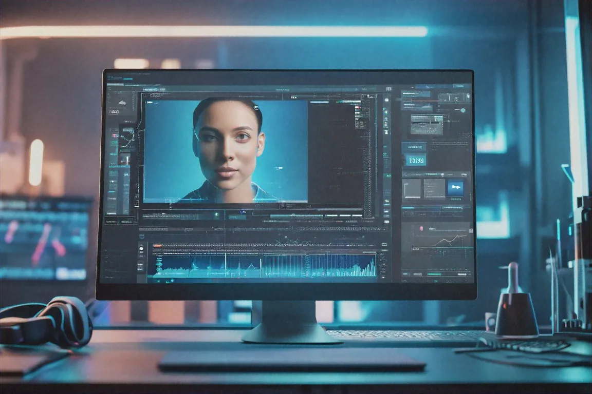 Real face being morphed into a deepfake on computer screen with AI visualization