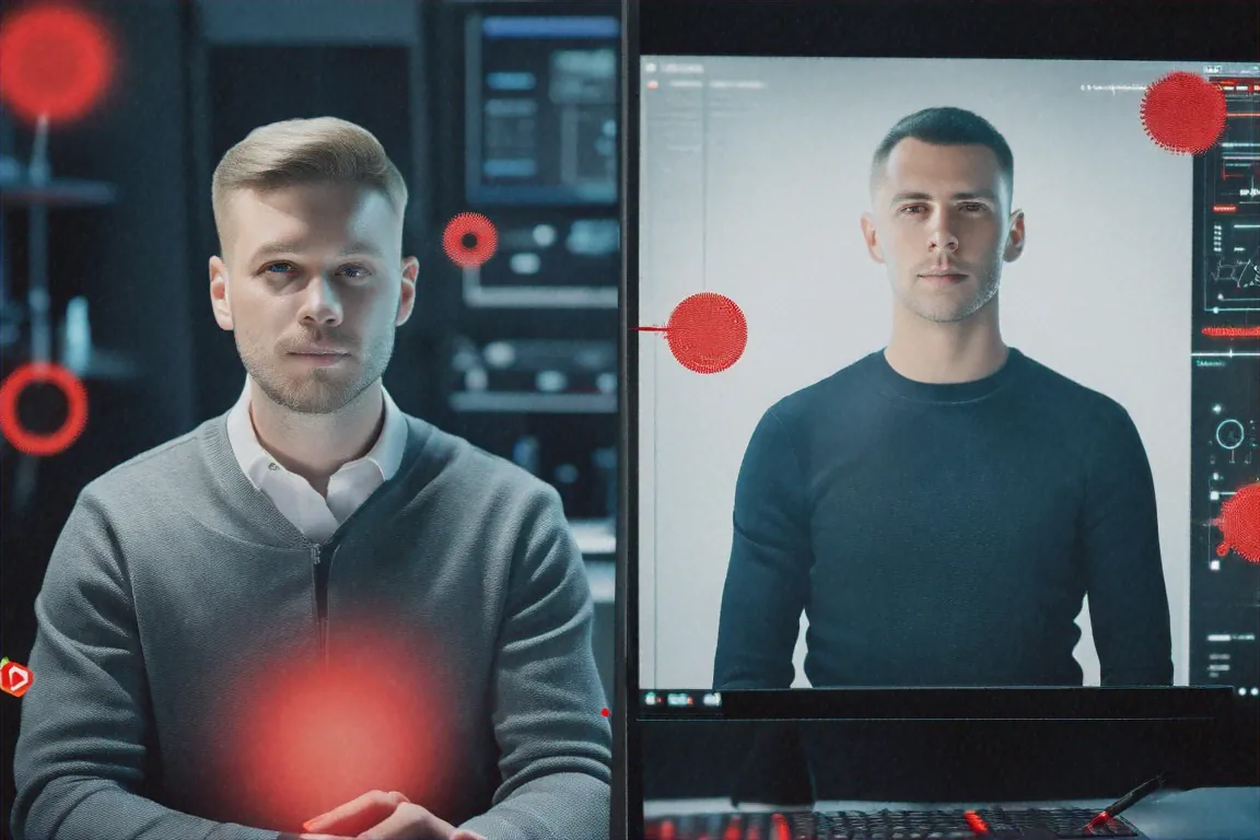 Real person photo and AI-generated deepfake side by side with detection markers