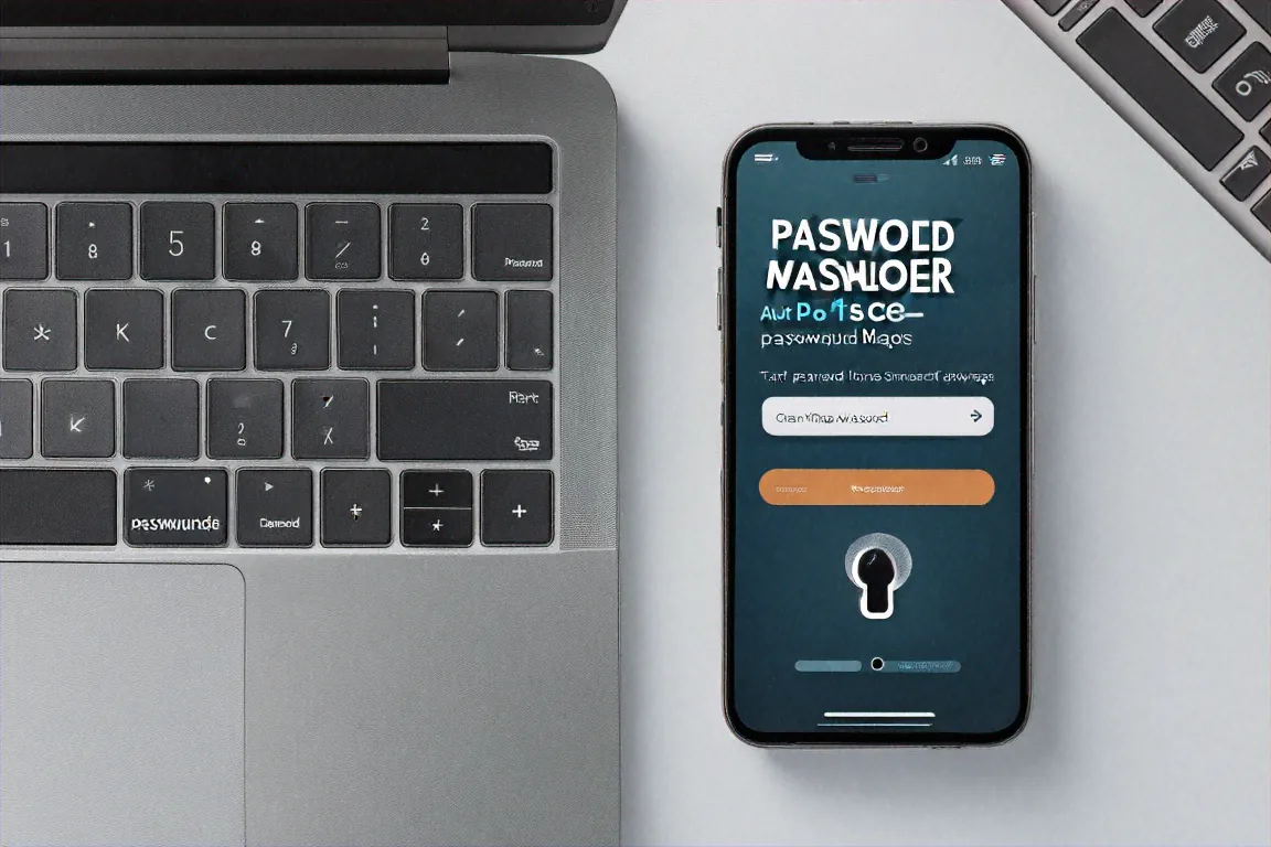 Laptop and phone showing password manager apps with strong generated passwords