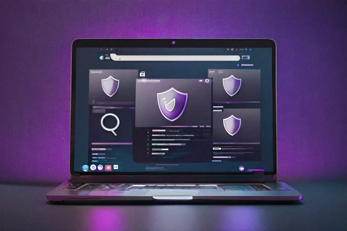 Laptop showing multiple browser windows with privacy shields and incognito icons