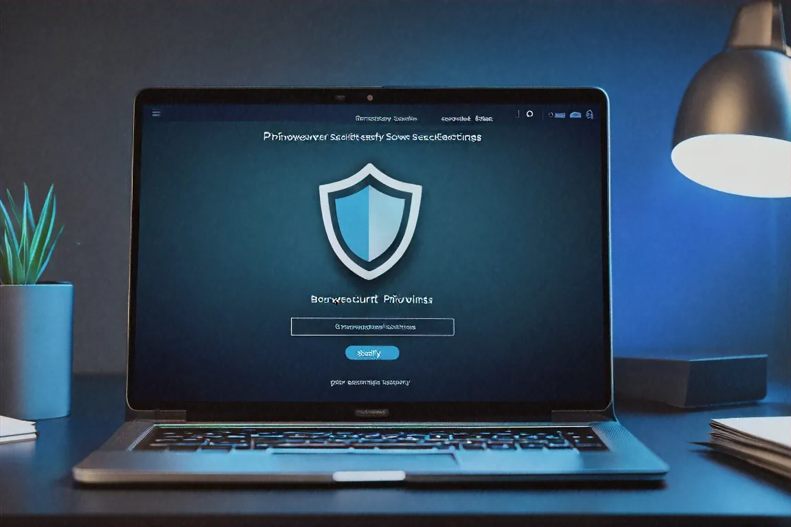 Laptop screen showing browser privacy and security settings with shield icon