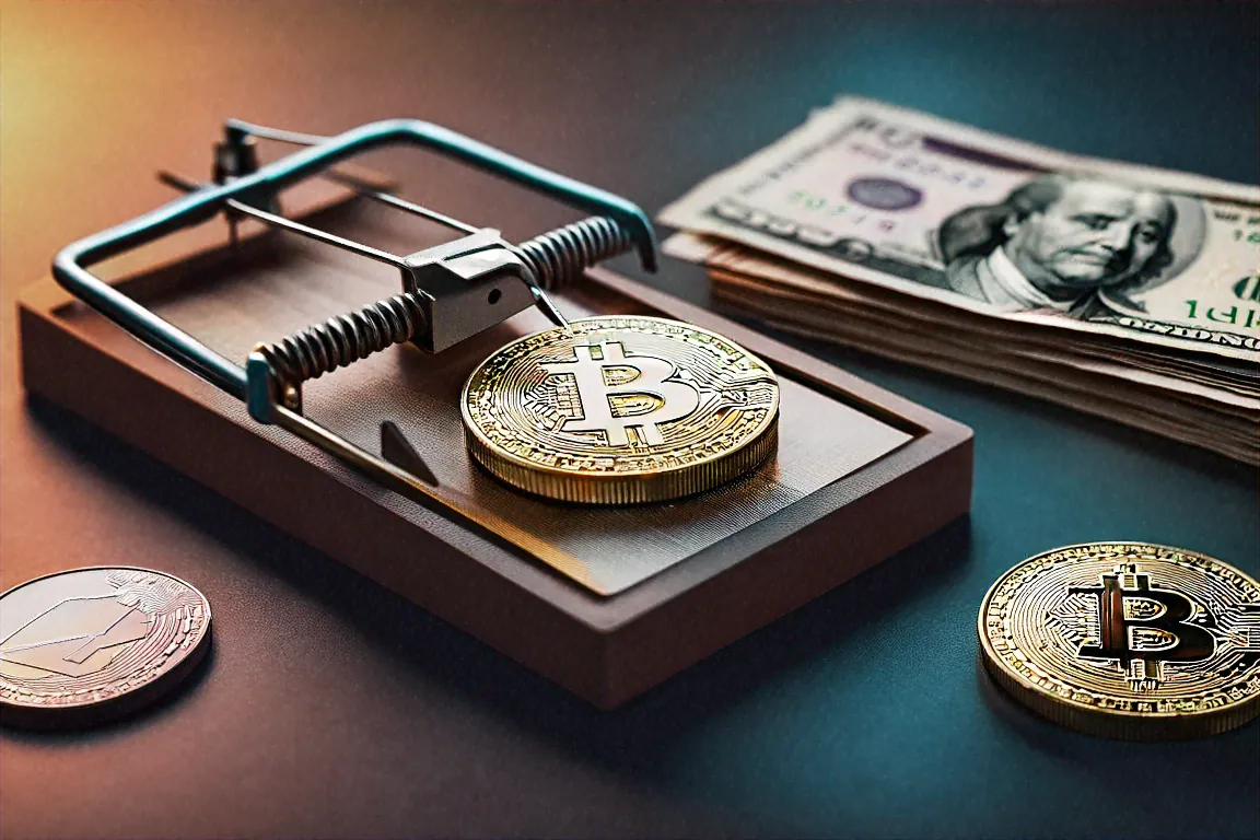 Bitcoin and crypto coins as bait in a digital trap with Indian rupee notes nearby