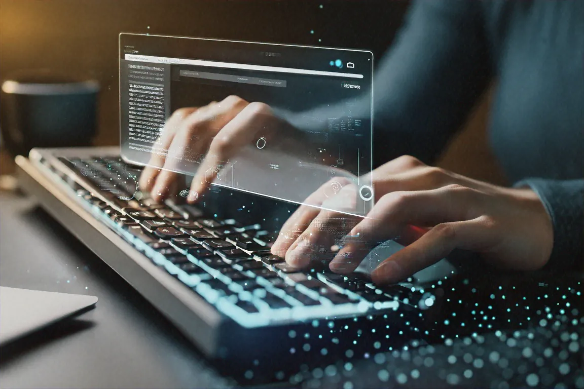 Hands typing on keyboard with browser history dissolving into particles