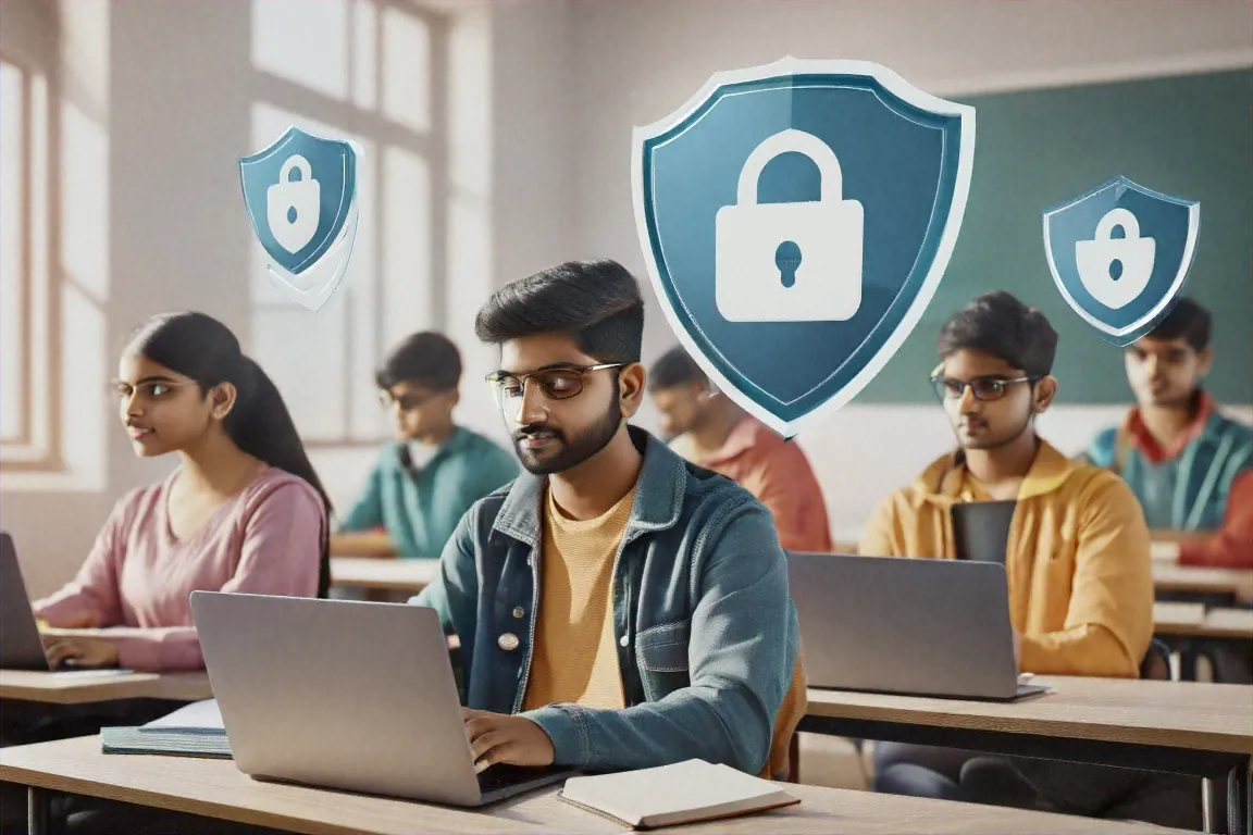 Indian college students using laptops with privacy shield icons floating above