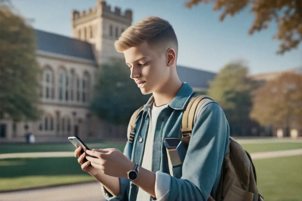 Student looking at phone with social media and privacy settings on college campus