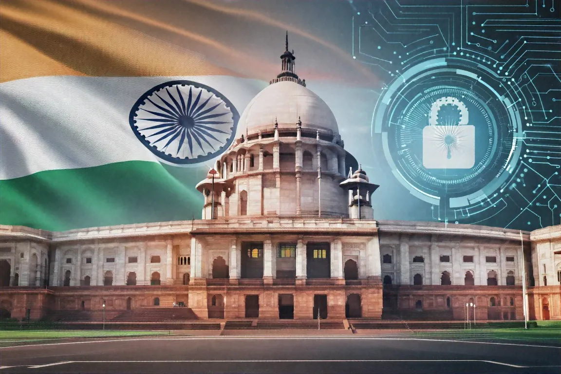 Indian parliament building with digital data protection hologram overlay