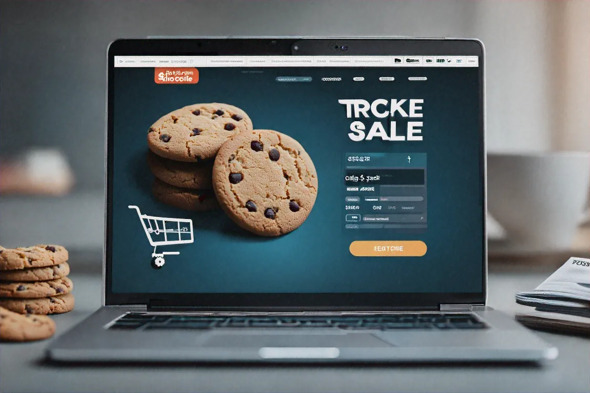 E-commerce website with data collection icons and tracking cookies visible behind products