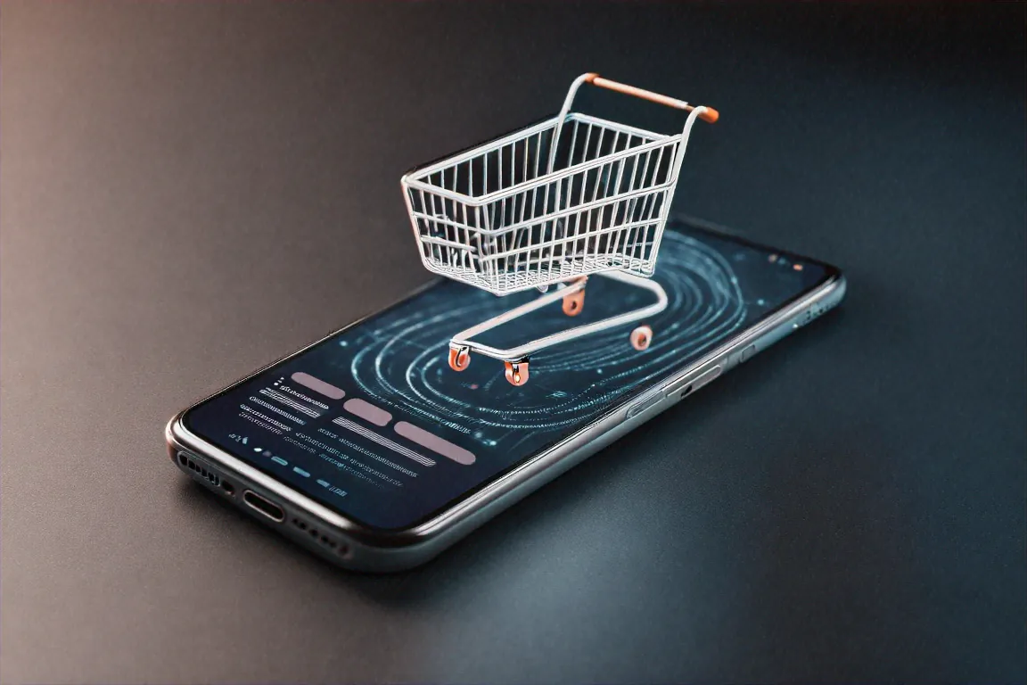 Shopping cart on phone screen with invisible data collection happening in background