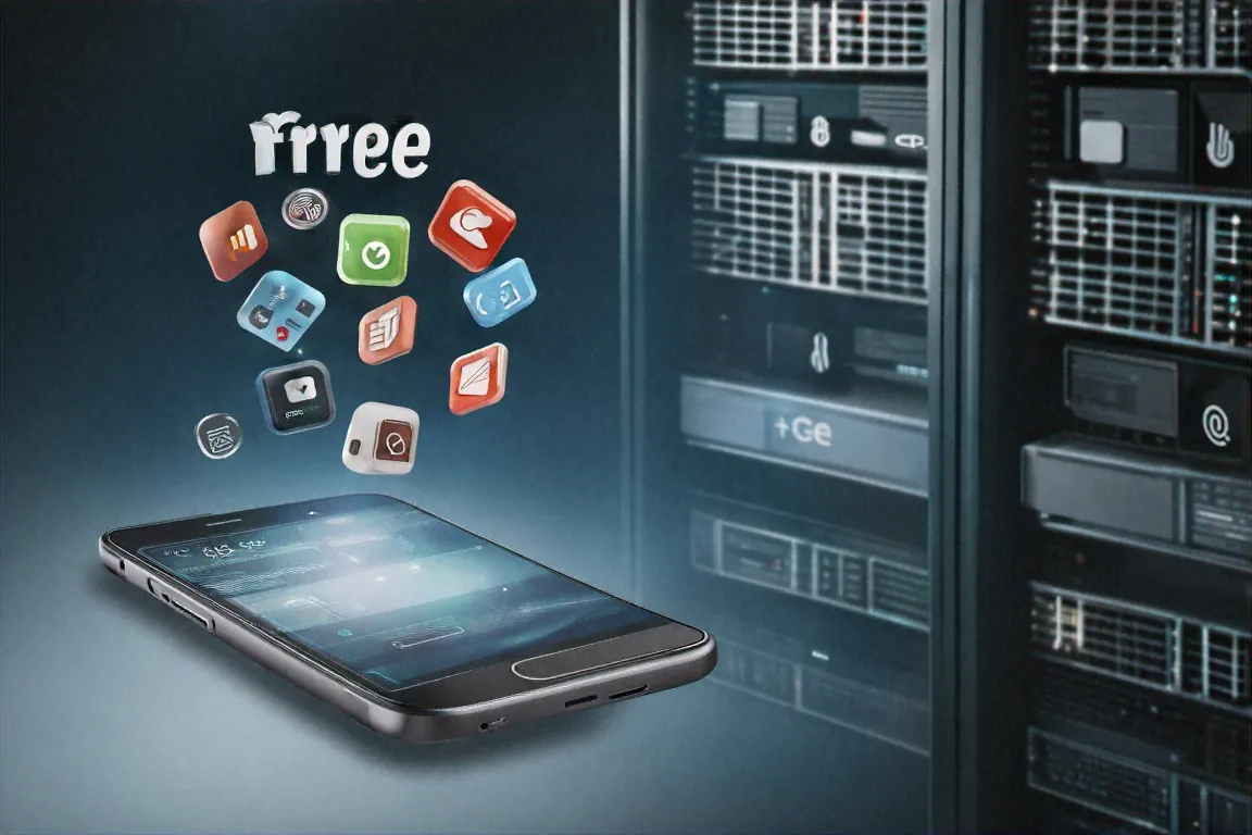 Smartphone with free app icons connected by data streams to corporate servers