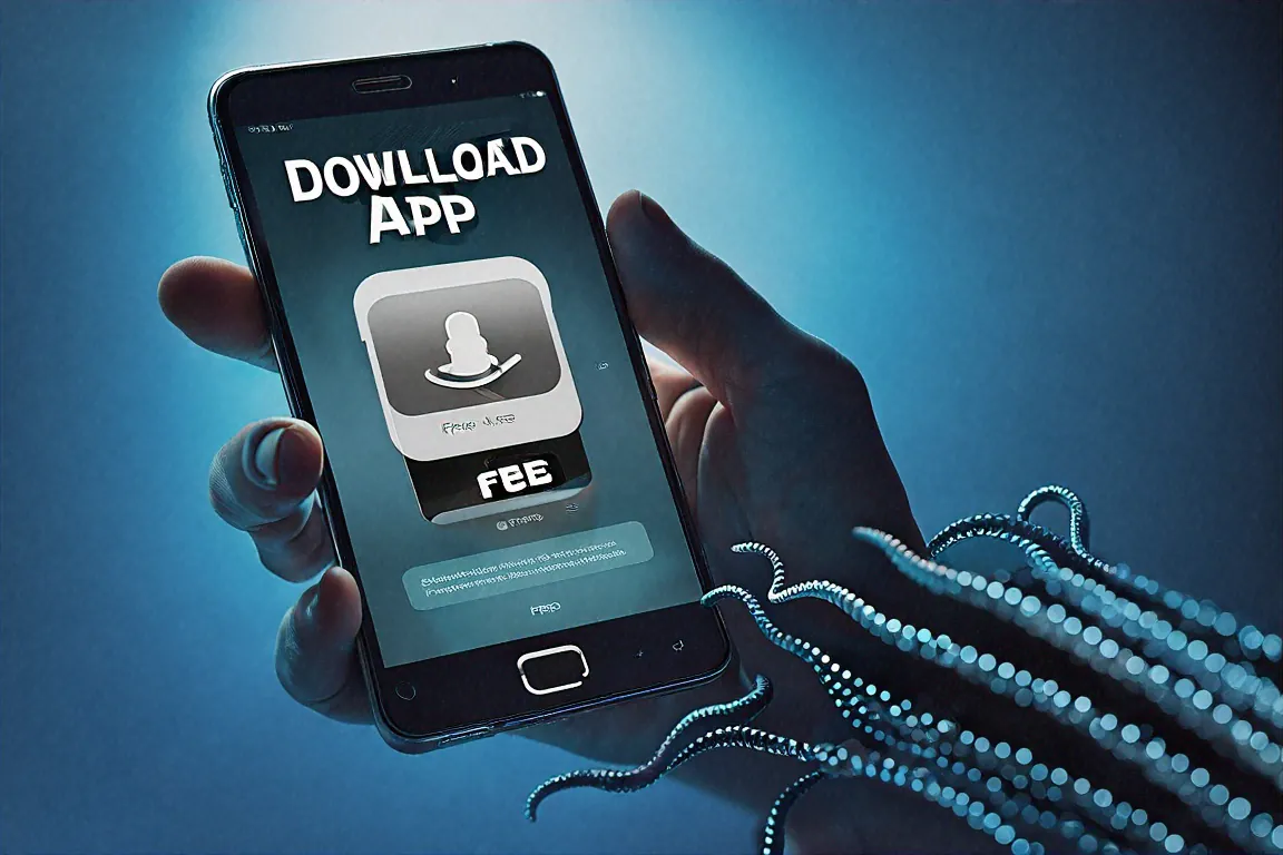 Hand downloading a free app with invisible data collection streams flowing out