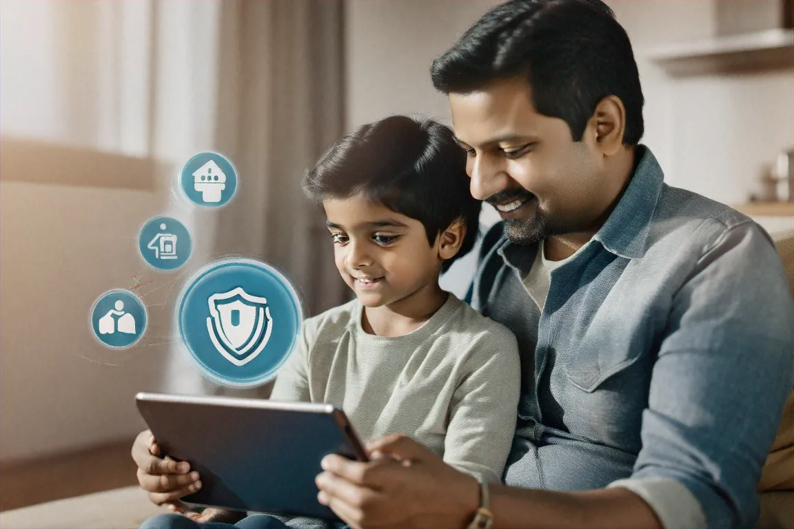 Indian parent and child looking at tablet together with parental controls visible