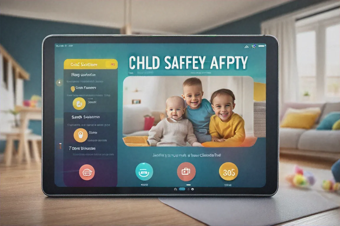 Tablet showing child safety app dashboard with content filters active