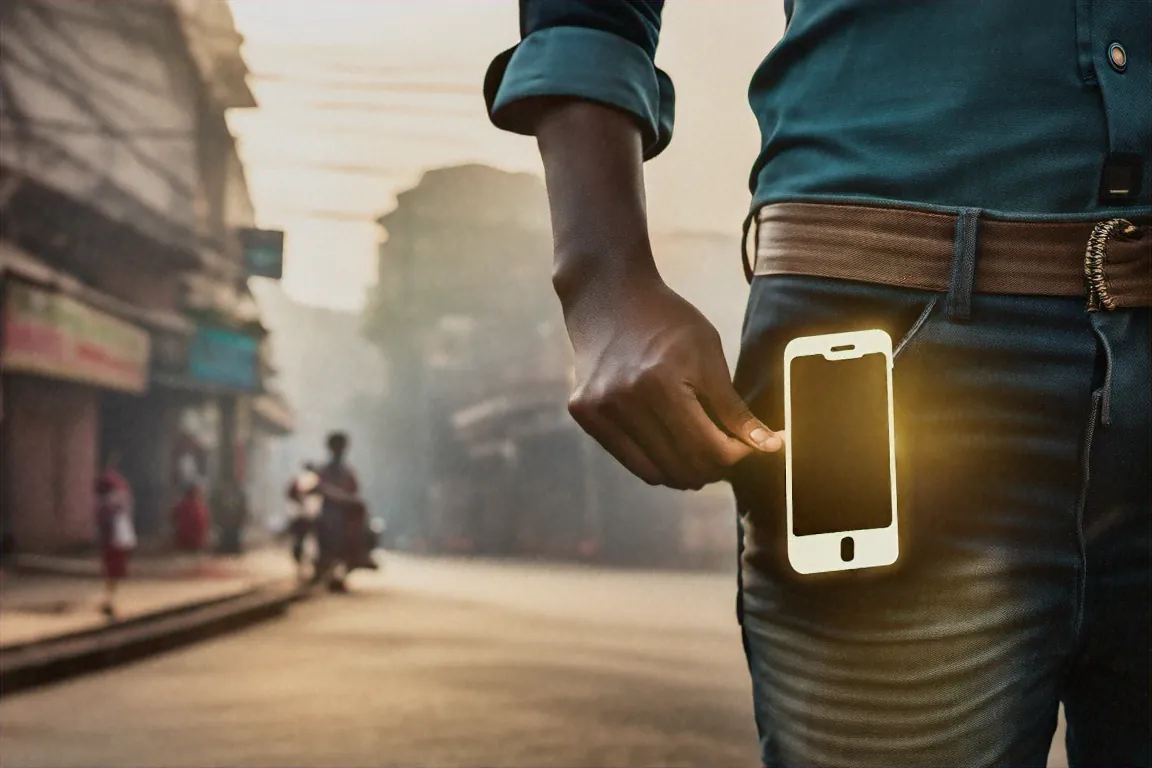 Empty pocket with phone outline glowing representing stolen phone scenario