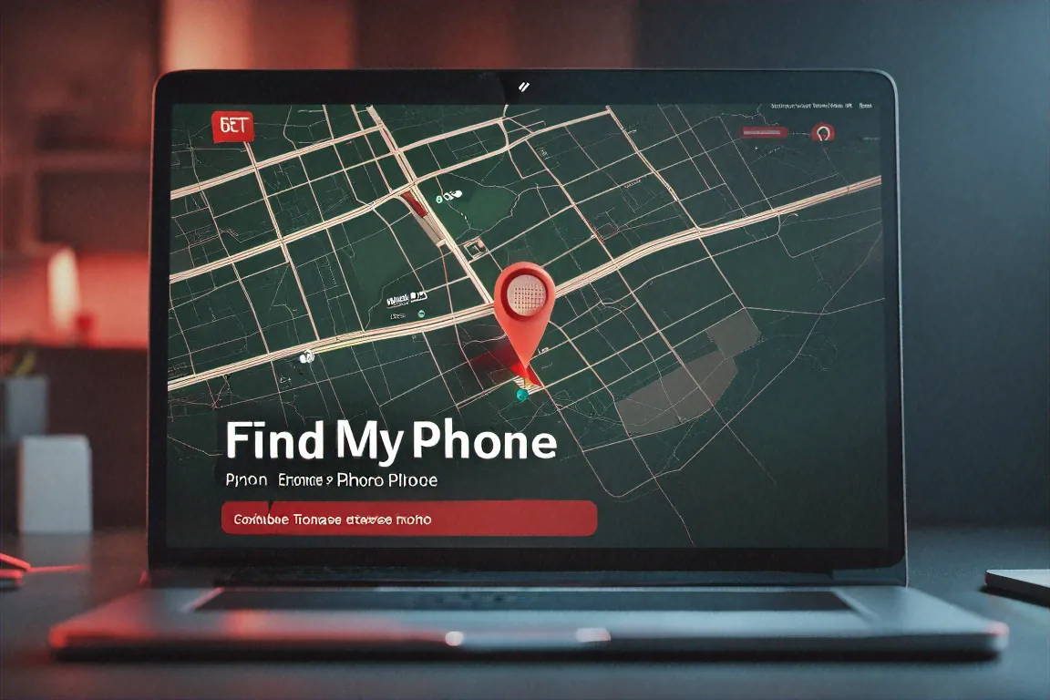 Laptop screen showing Find My Phone tracking map with phone location pinned