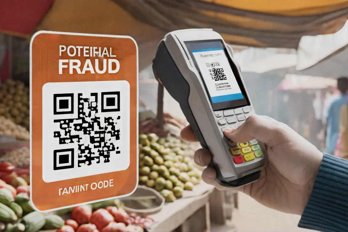Person scanning QR code for payment with warning overlay showing potential fraud