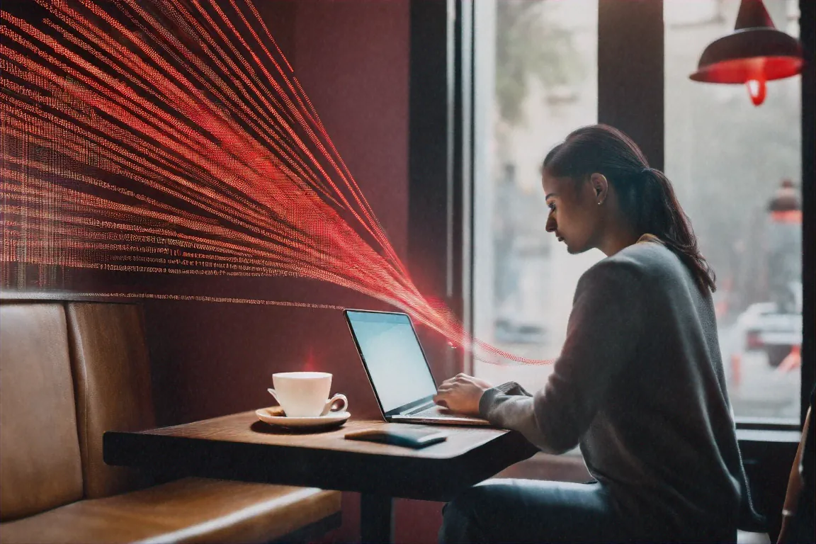 Person connecting to free public WiFi with data interception shown as red streams