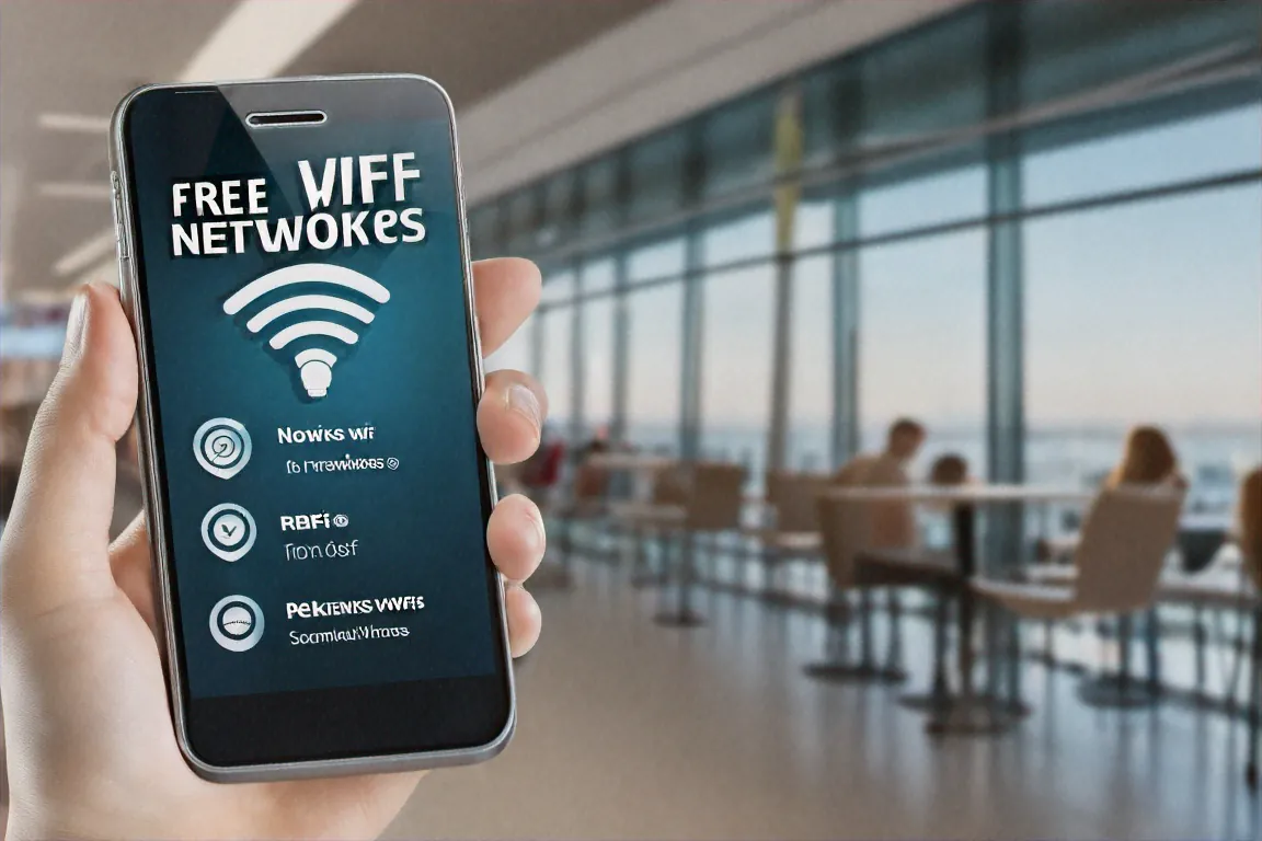 Phone showing free WiFi networks list with warning icons on unsecured networks