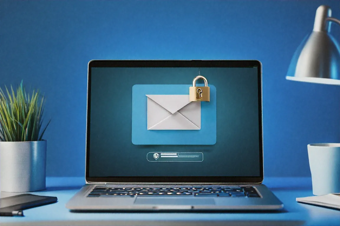 Laptop showing email inbox with security lock icon and encrypted email notification