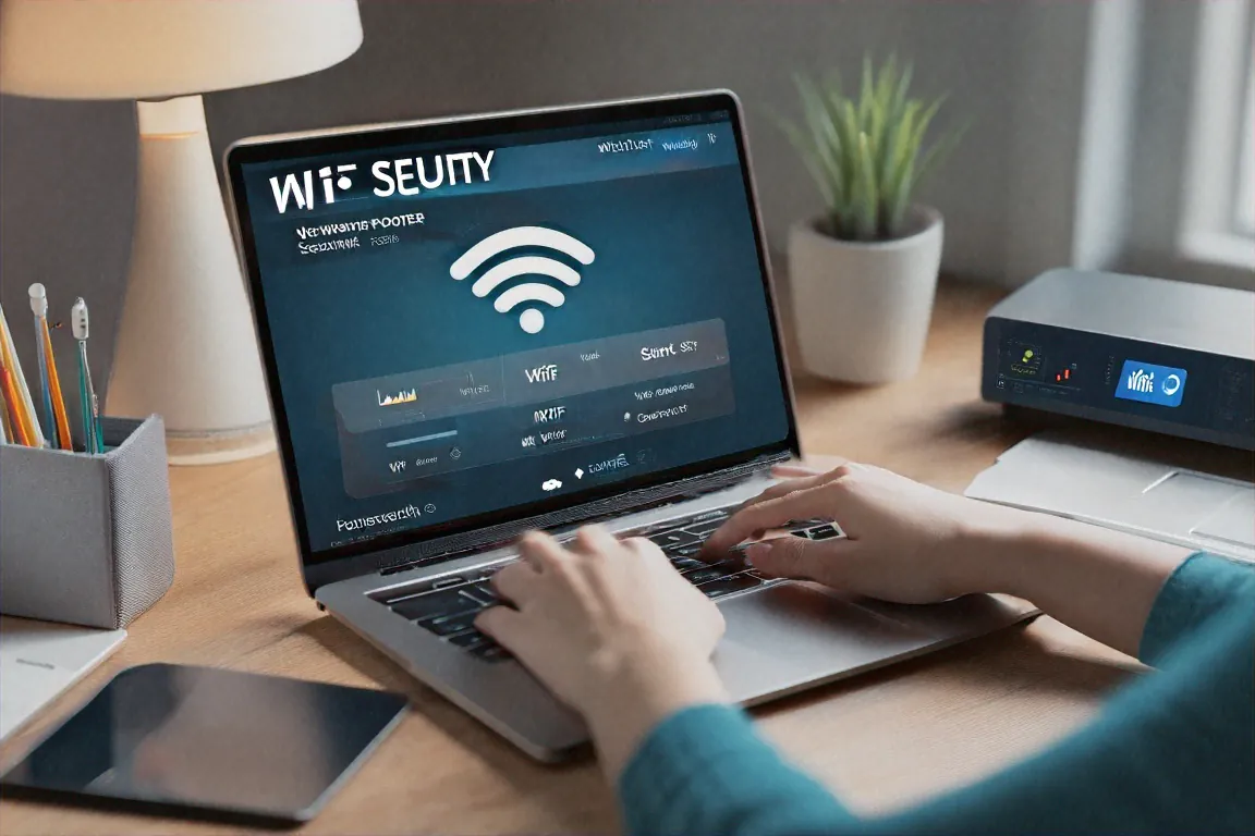 Hands configuring WiFi router security settings on laptop at home desk