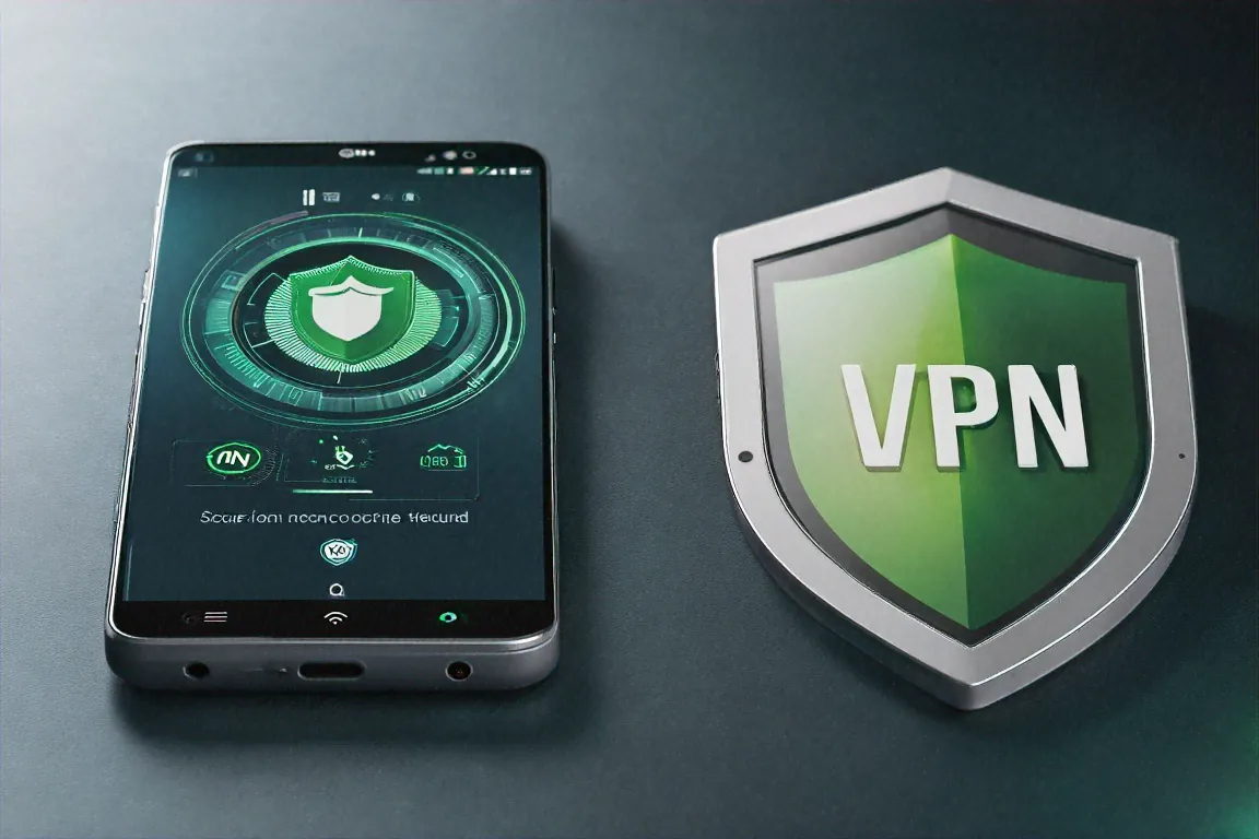 Android phone connected to VPN with secure connection badge and shield icon