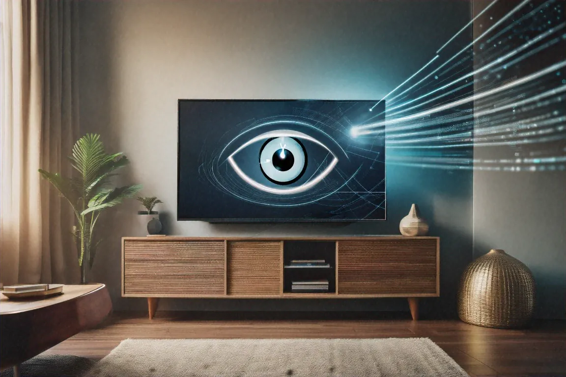 Smart TV in living room with hidden camera eye icon and data collection streams