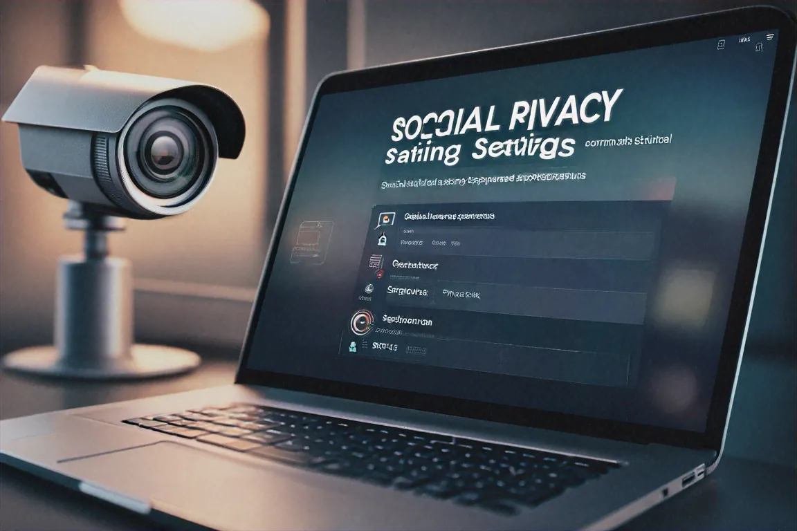 Social media privacy settings page on laptop with surveillance camera in background