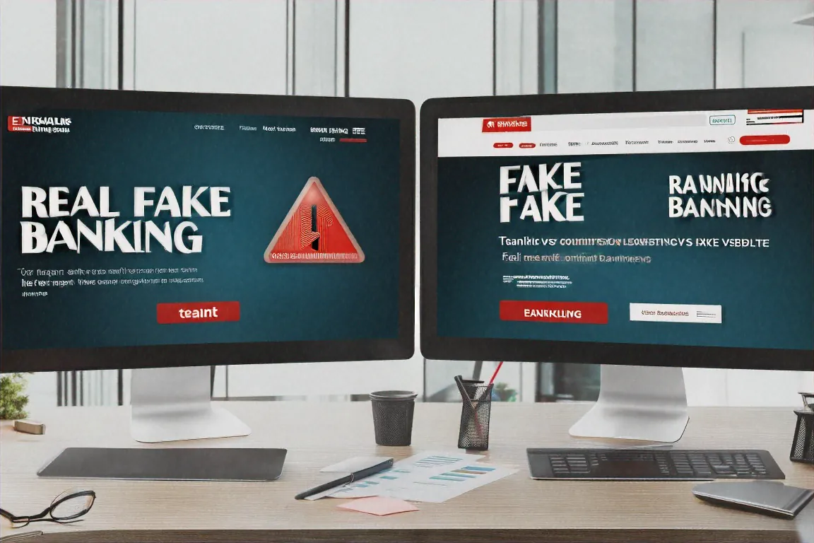 Comparison of real vs fake banking website showing red warning signs on fake site