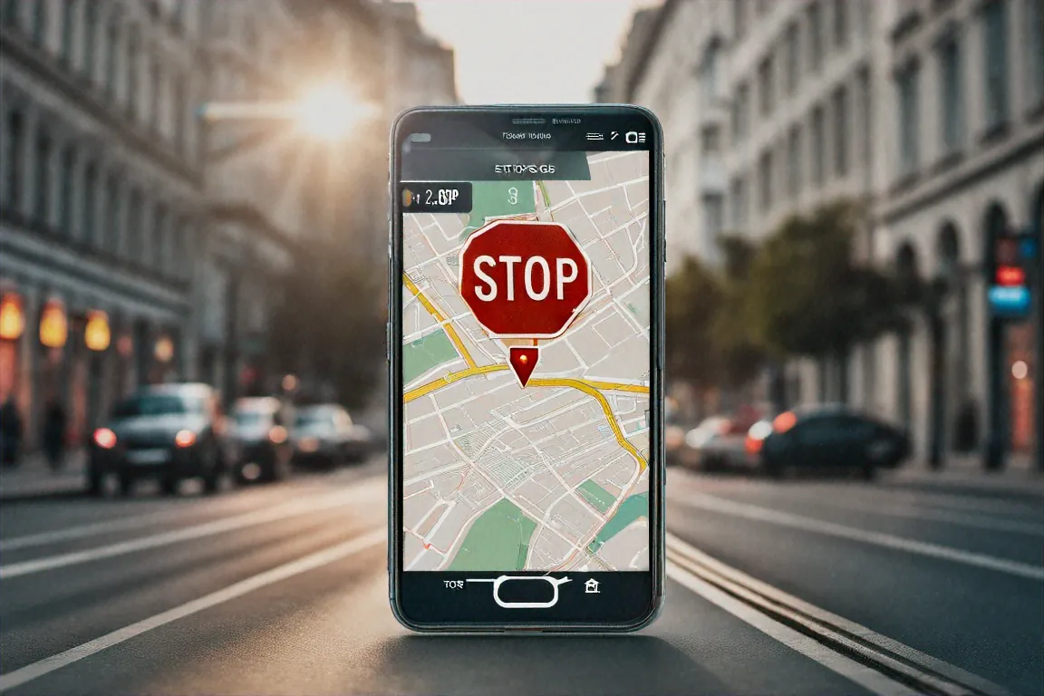 Smartphone showing GPS tracking map with stop sign overlay on location pins