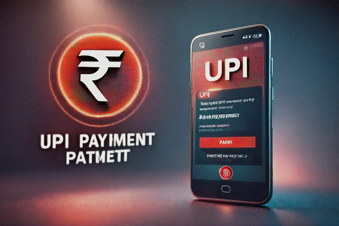 Smartphone showing a fake UPI payment request with fraud warning signs