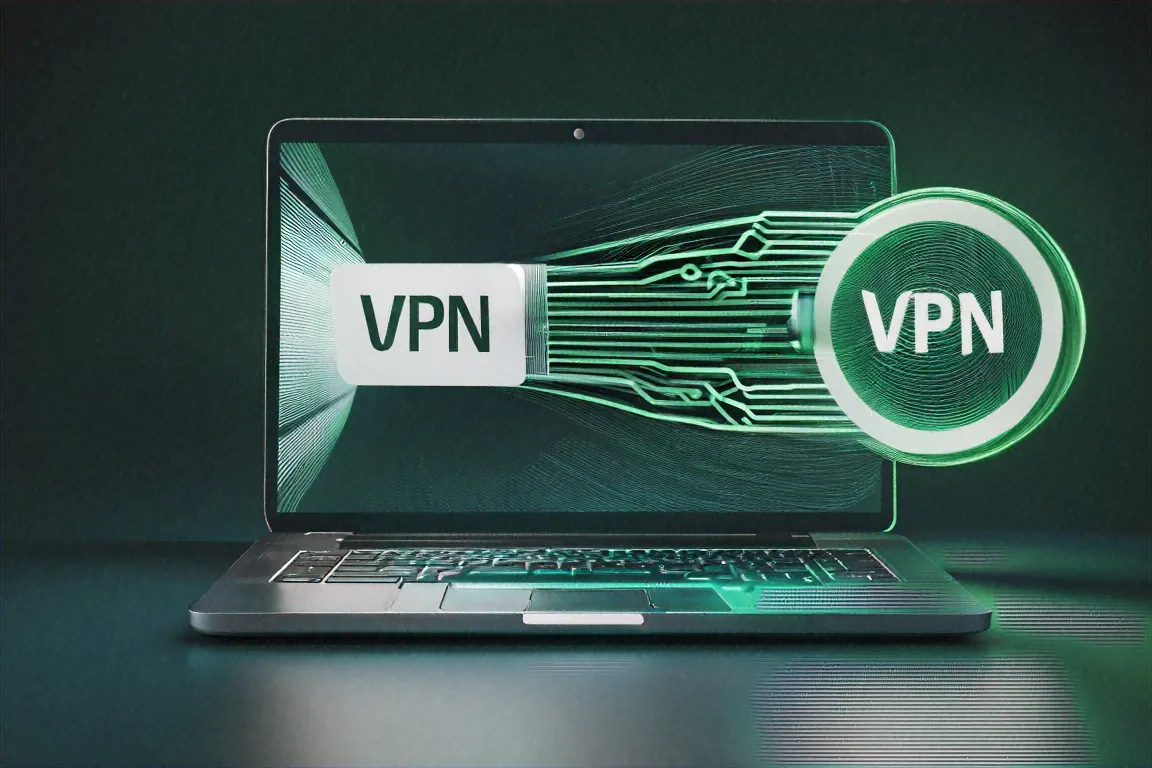 Laptop with VPN tunnel visualization showing encrypted data flowing securely