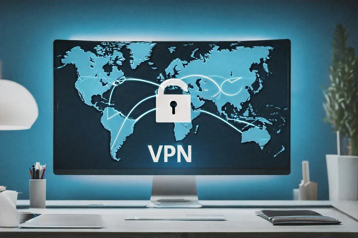 World map on screen with VPN connection lines between secure servers