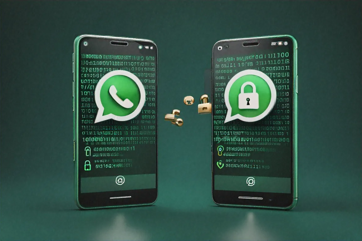 Two smartphones exchanging encrypted WhatsApp messages with lock icons